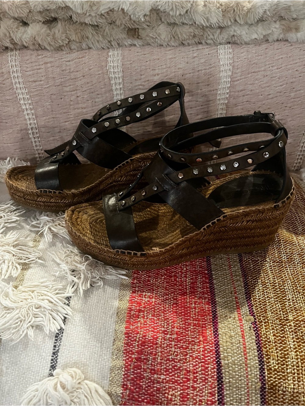 Jimmy Choo Gray Studded Leather Espadrille Wedges